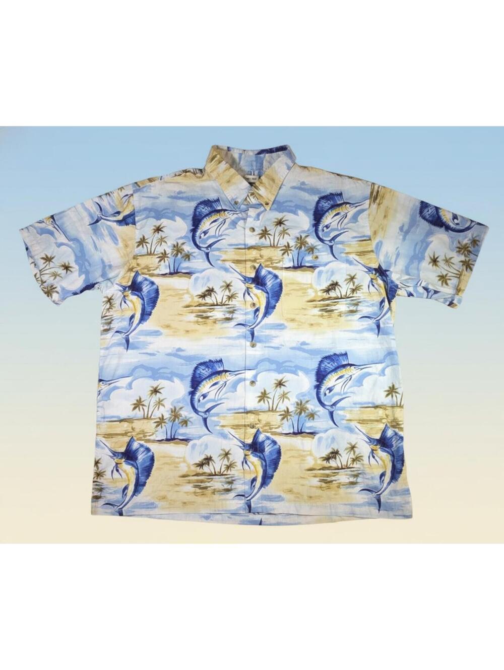 Mens XL Hook & Tackle Hawaiian Shirt Marlin Beach Allover Print 100% Cotton